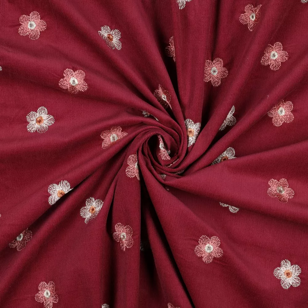 Ribfluweel donkerroze met bloemen - Poppy