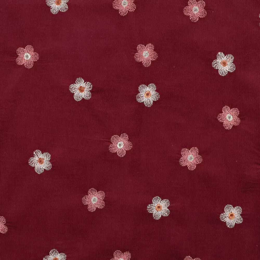 Ribfluweel donkerroze met bloemen - Poppy
