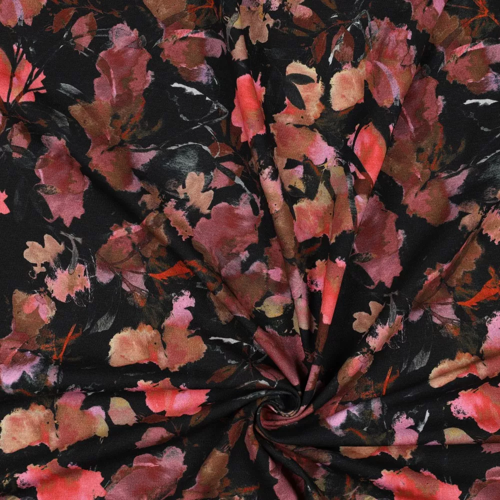 Katoen tricot zwart met bloemen - Poppy