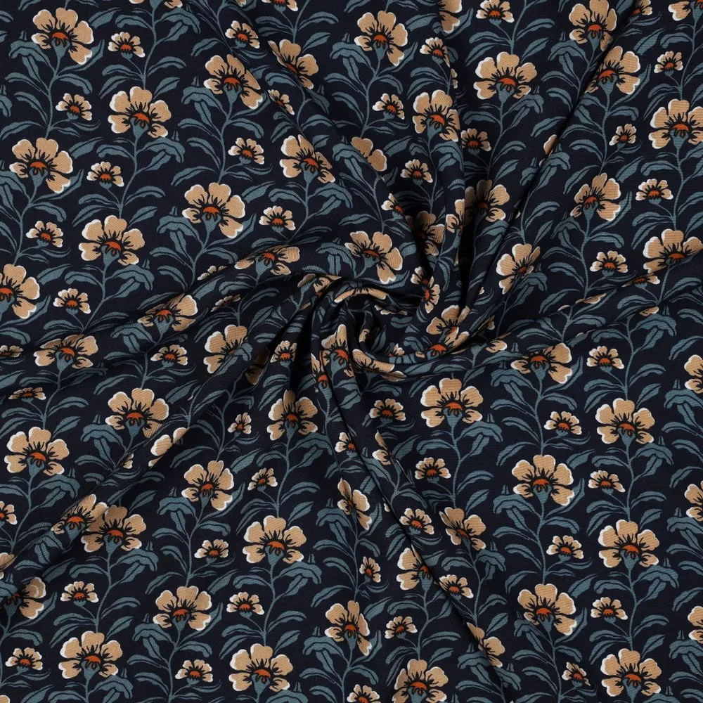 Viscose blauw met bruine bloemen - Poppy