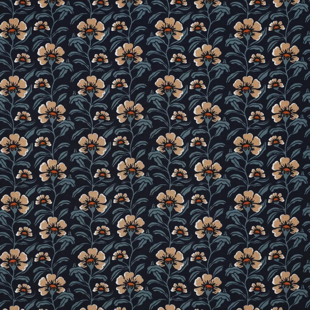 Viscose blauw met bruine bloemen - Poppy