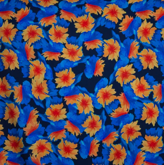 Polyester satijn blauw met oranje bloemen
