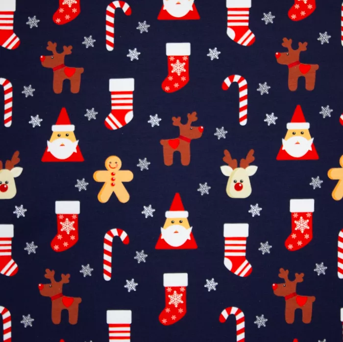 French terry donkerblauw met kerstfiguren
