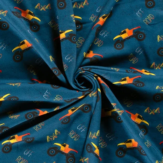 Sweaterstof blauw met monster trucks