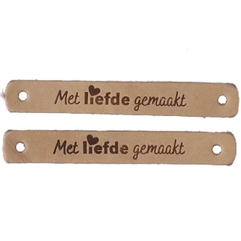 2 leren labels - 'Met liefde gemaakt' - 70 x 10 mm