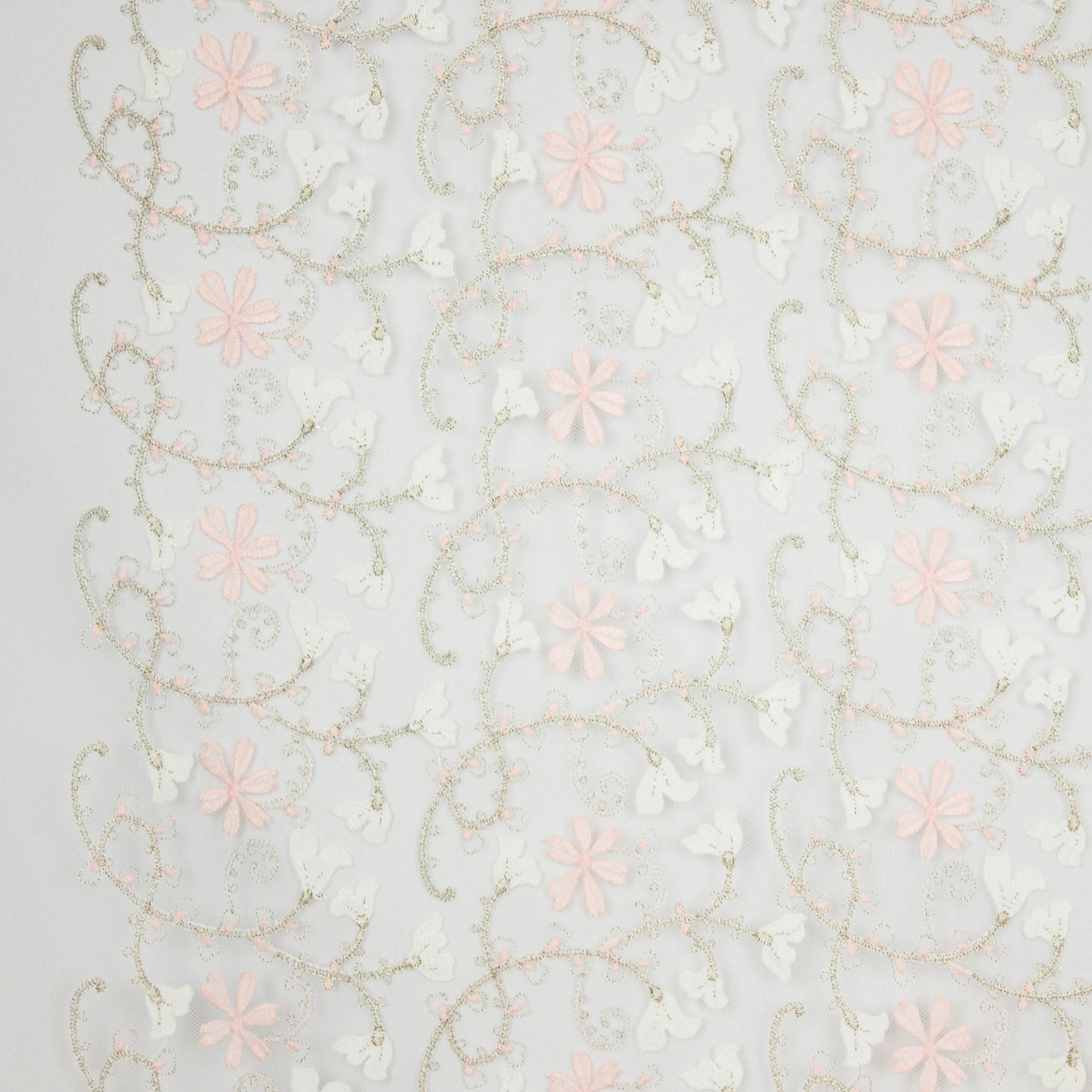 Witte tule met glinsterend zilverpatroon en witte / roze bloemetjes