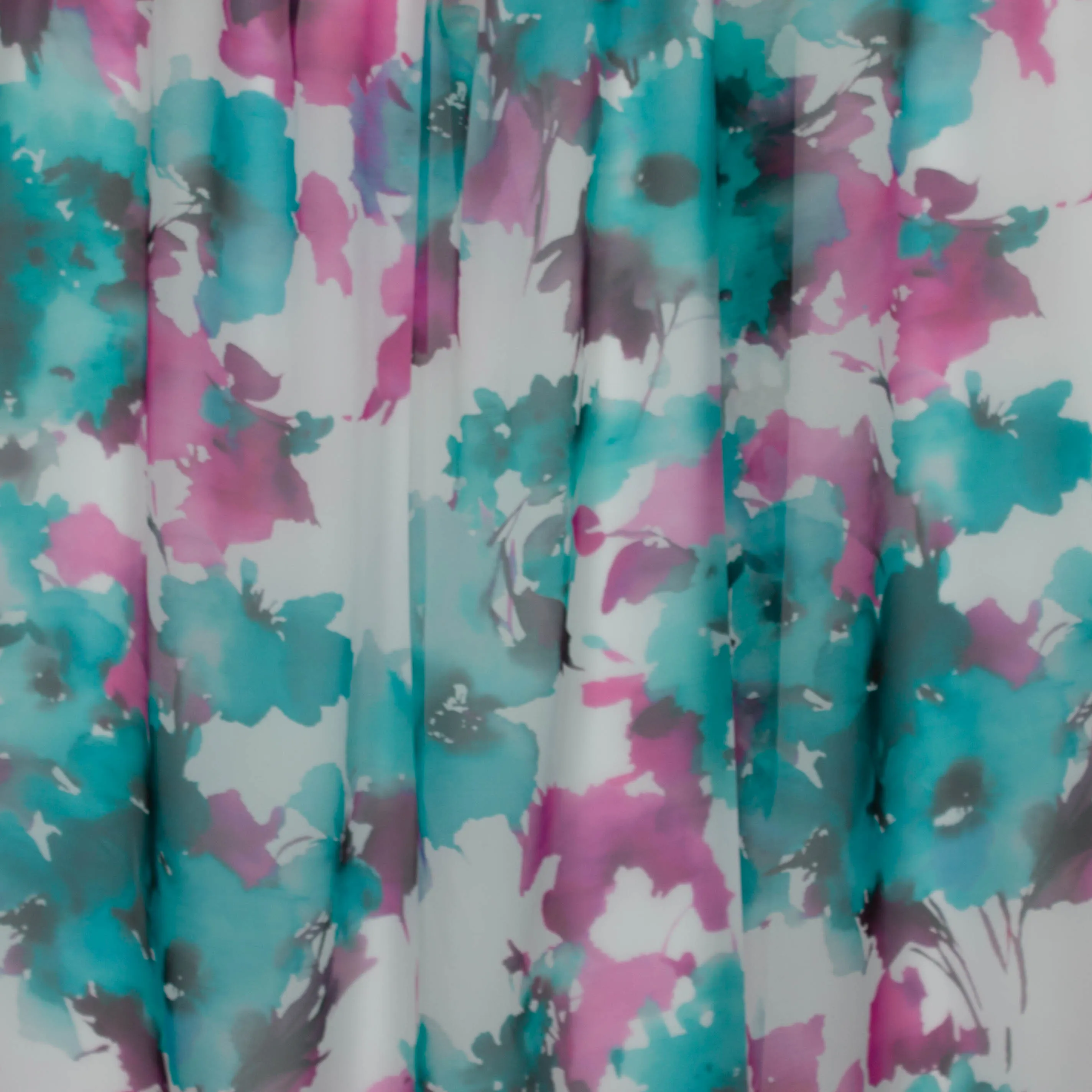 Chiffon wit met fuchsia / turquoise bloemen   - Lorré