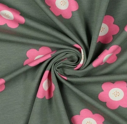 French terry oudgroen met roze bloemen   - Poppy