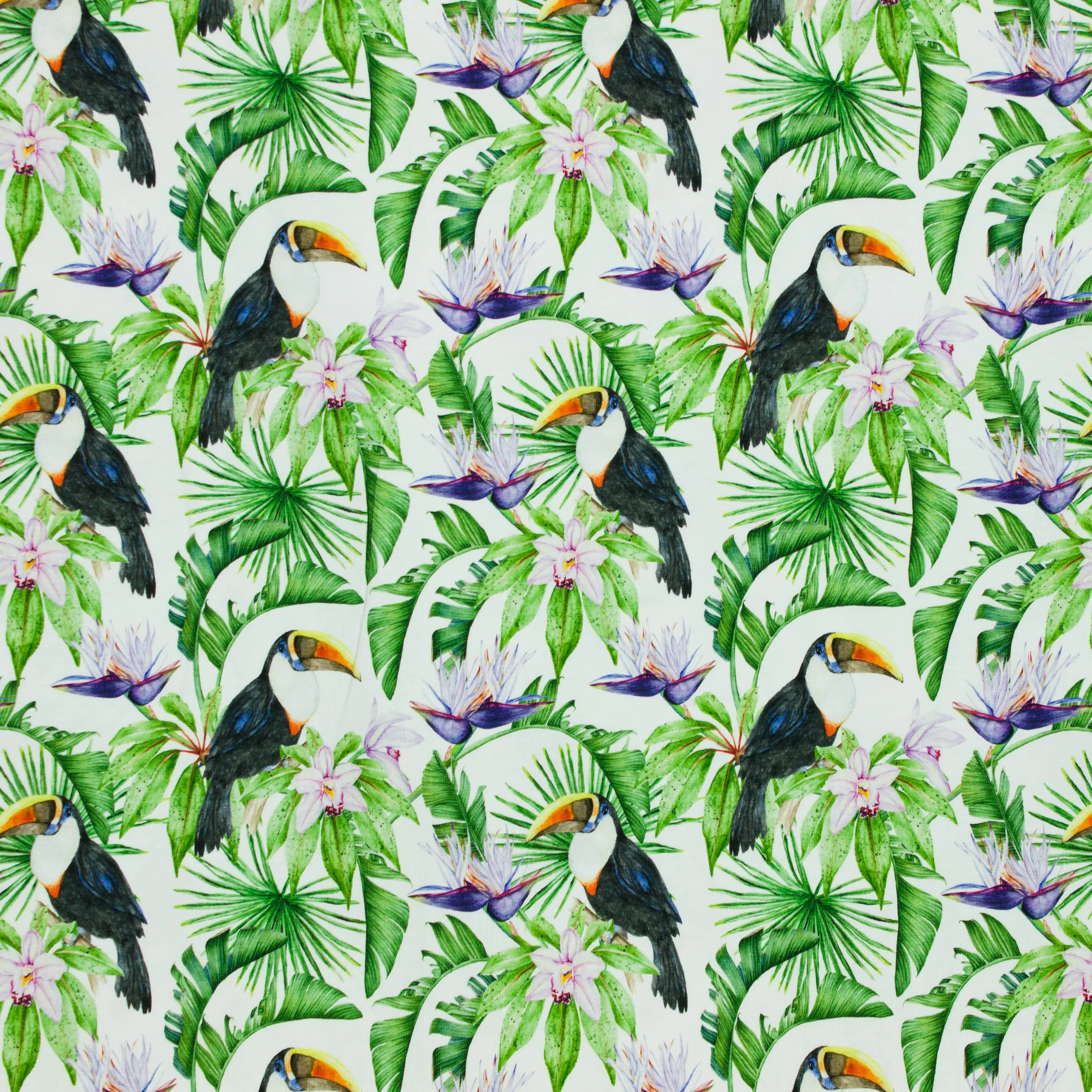 Tricot wit met exotische planten en toekans