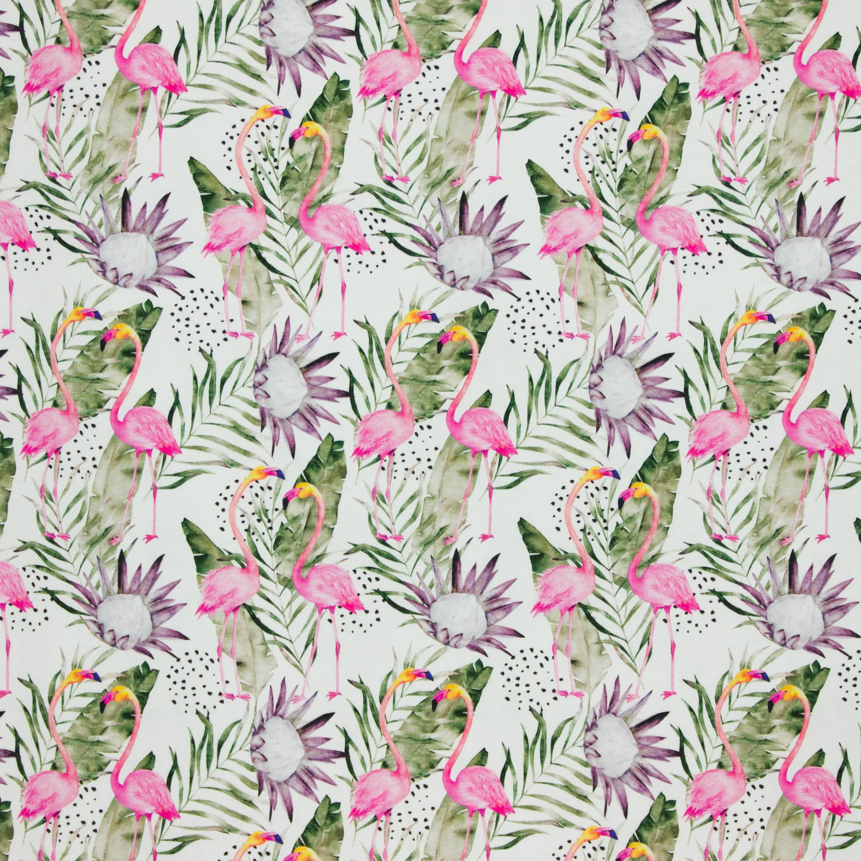 Tricot wit met bladeren en flamingo's