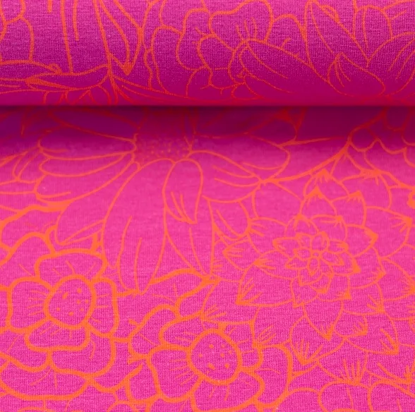 Tricot fuchsia met oranje bloemen