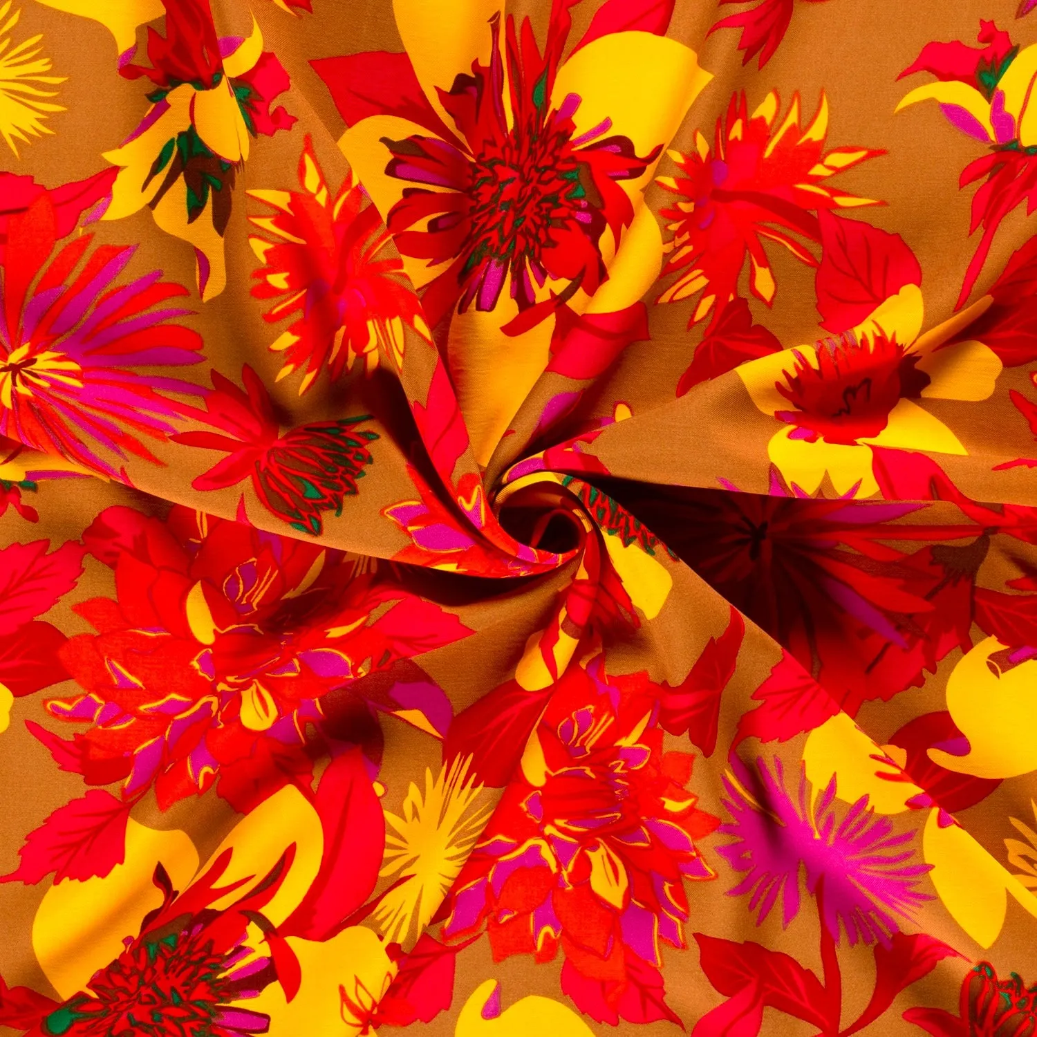 Viscose twill stone washed bloemen oker - My Image