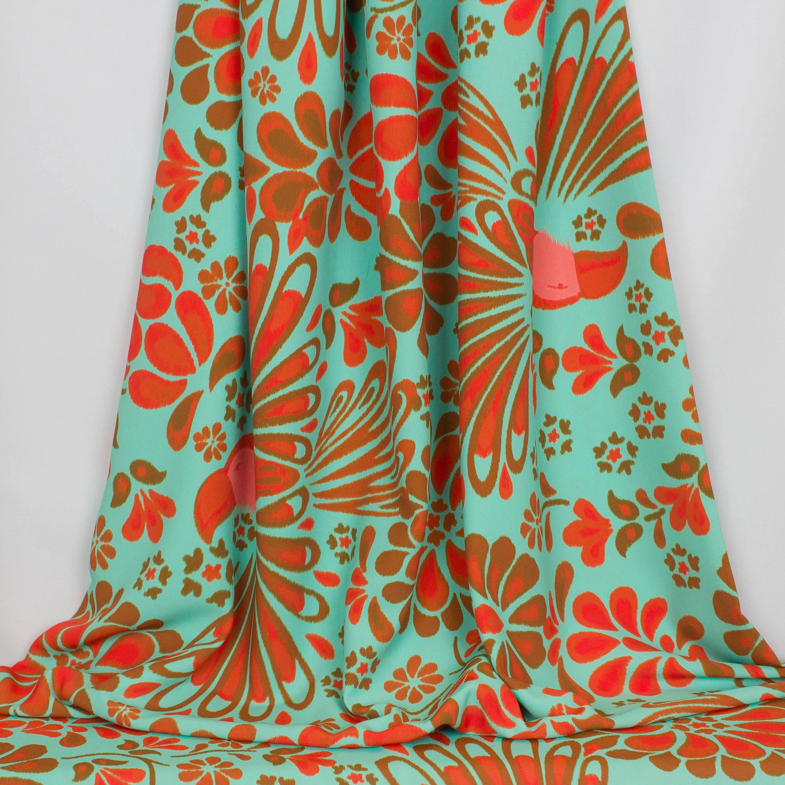Polyester turquoise met oranje bloemen print - A La Ville