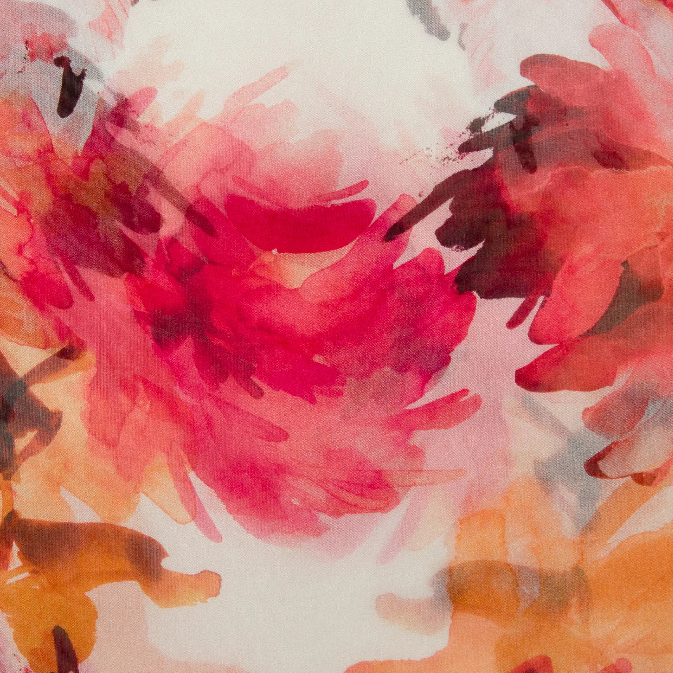 Chiffon voile zijde gebroken wit met rood en oranje bloemen in inkt aquarel - Alta Moda