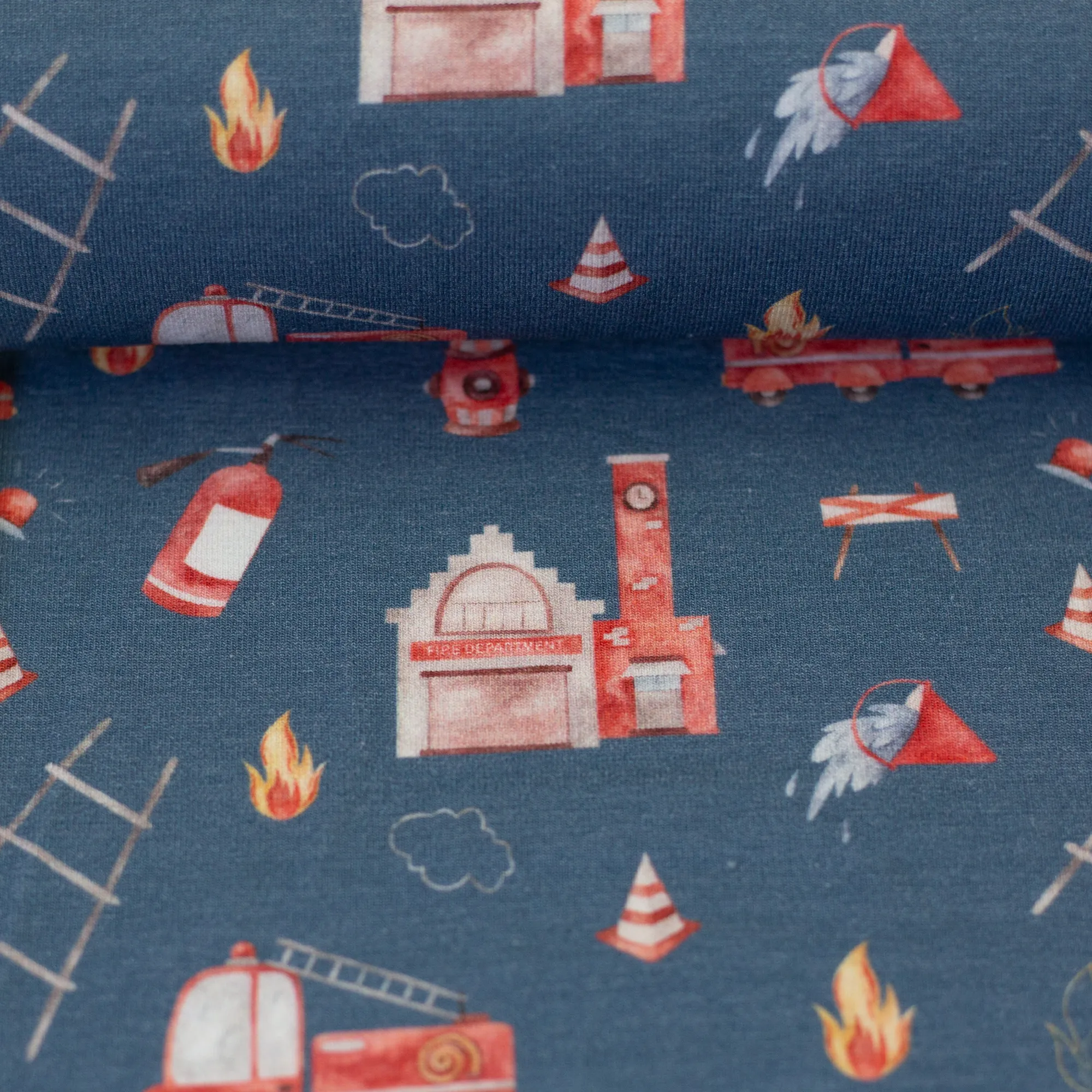 Tricot blauw met brandweerwagens 'Samern'
