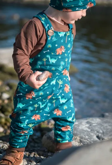 French terry blauwgroen met mammoeten en dino's