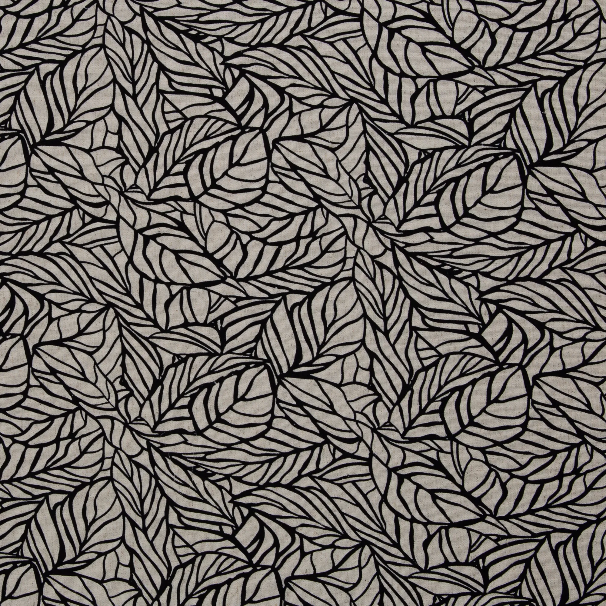 Viscose linnen beige met zwart bladeren motief
