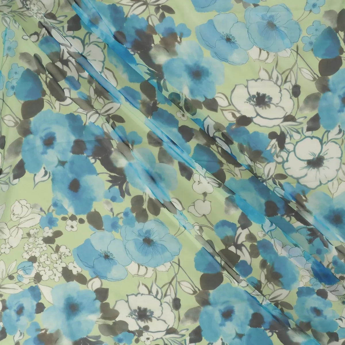 Polyester print groen met blauwe bloemen - Lorré