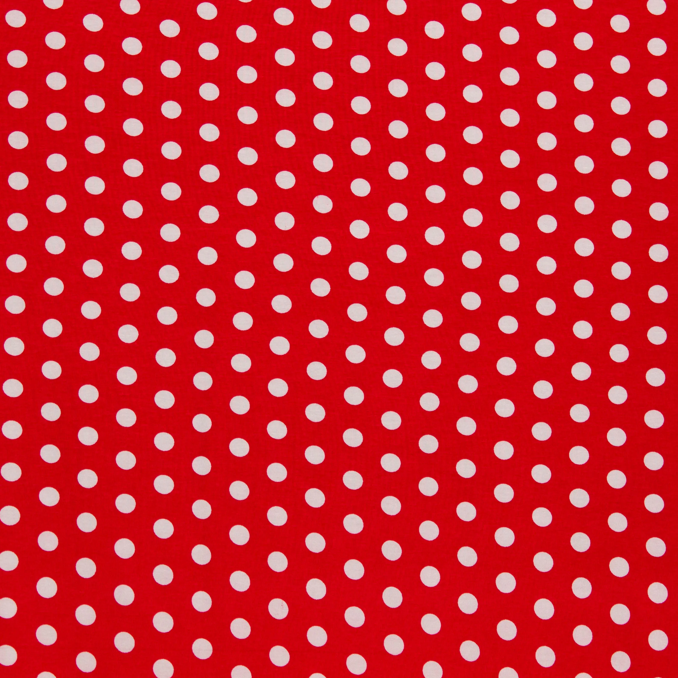 Viscose tricot rood met witte bollen