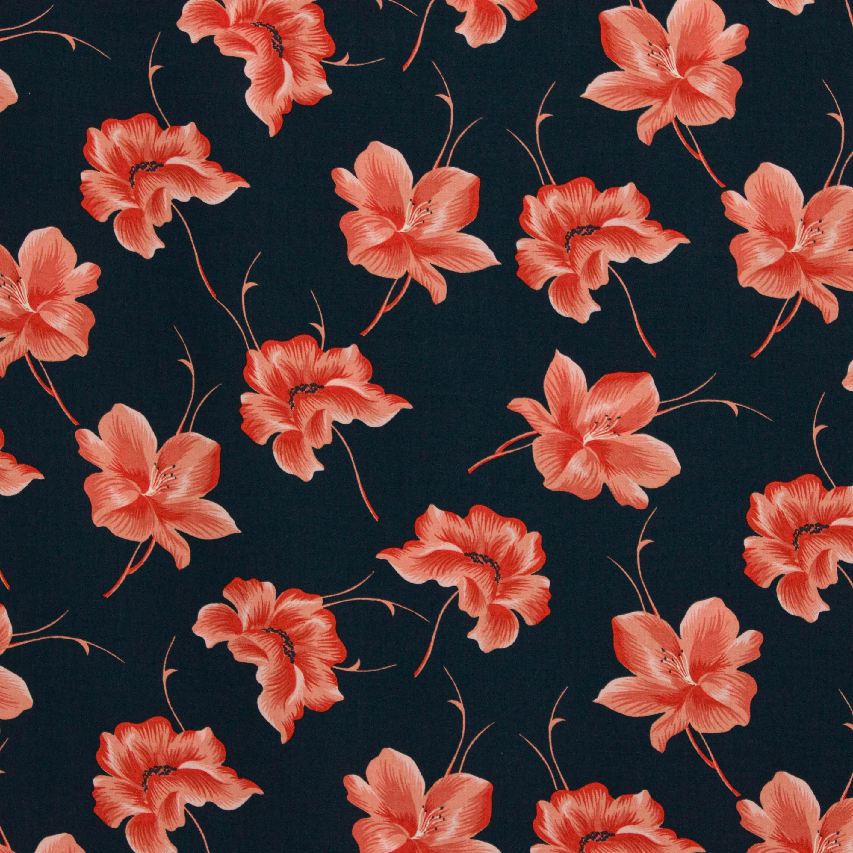 Viscose donkerblauw met koraal/oranje bloemen