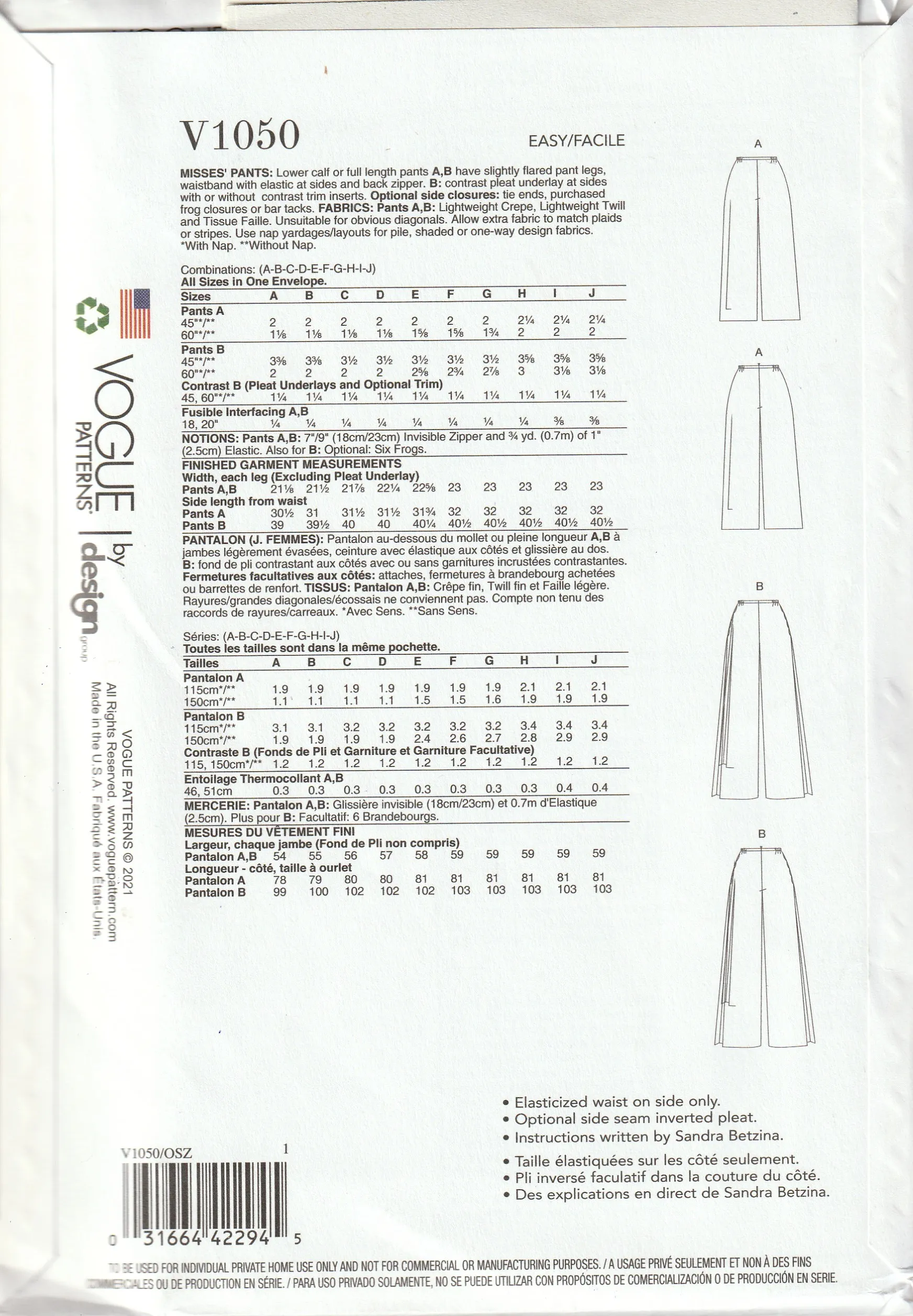 Patroon broek V1050 alle maten - Vogue