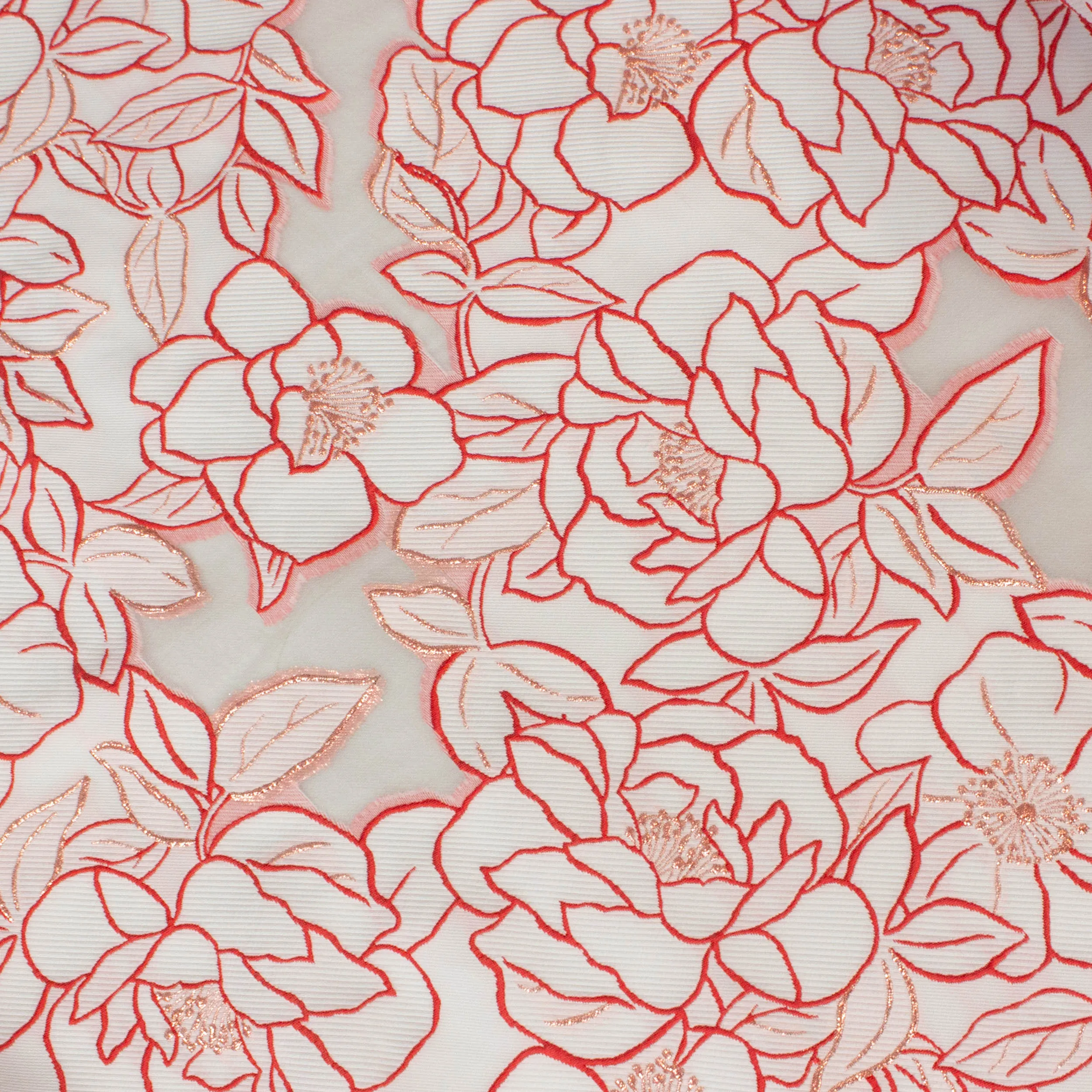 Jacquard broderie doorschijnend met witte en rode bloemen afgewerkt met lurexdraad