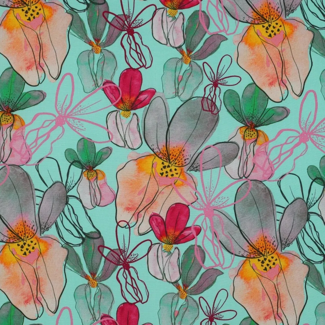Lenzing Ecovero turquoise met bloemen - Nerida Hansen x Verhees Textiles