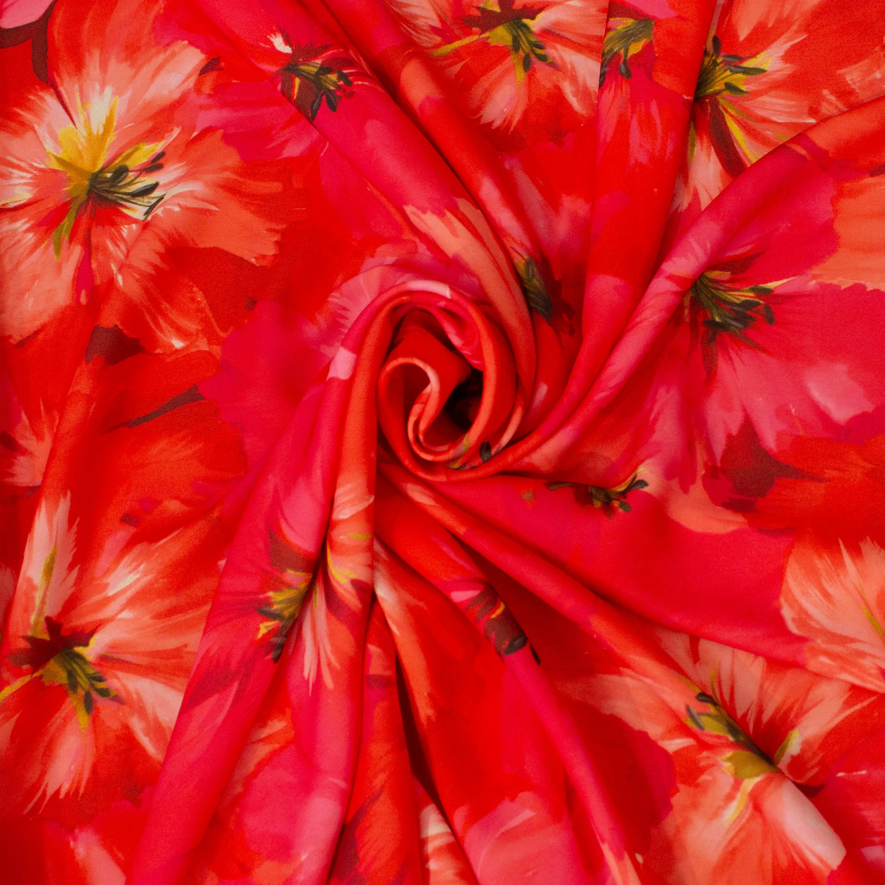Polyester crêpe met rode bloemen - Lorré