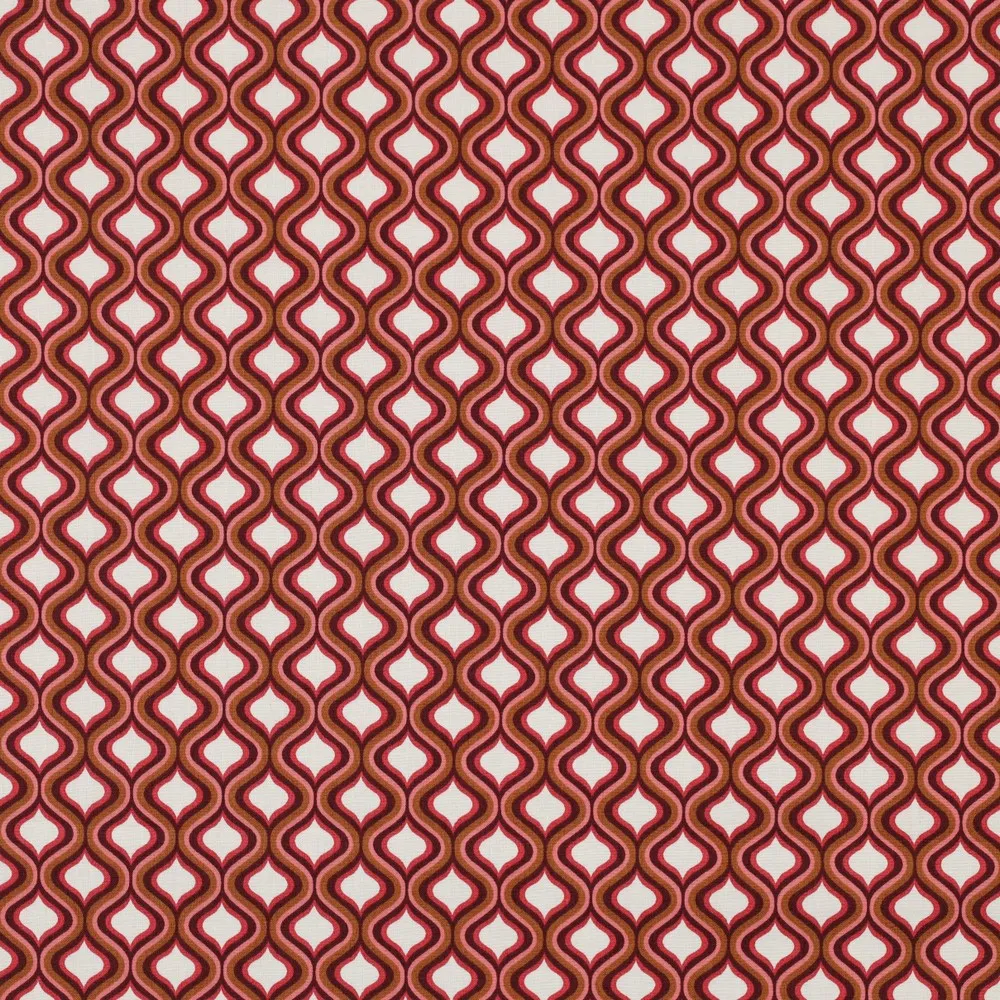 Poplin katoen ecru met rood, roze en bruine geometrische figuren