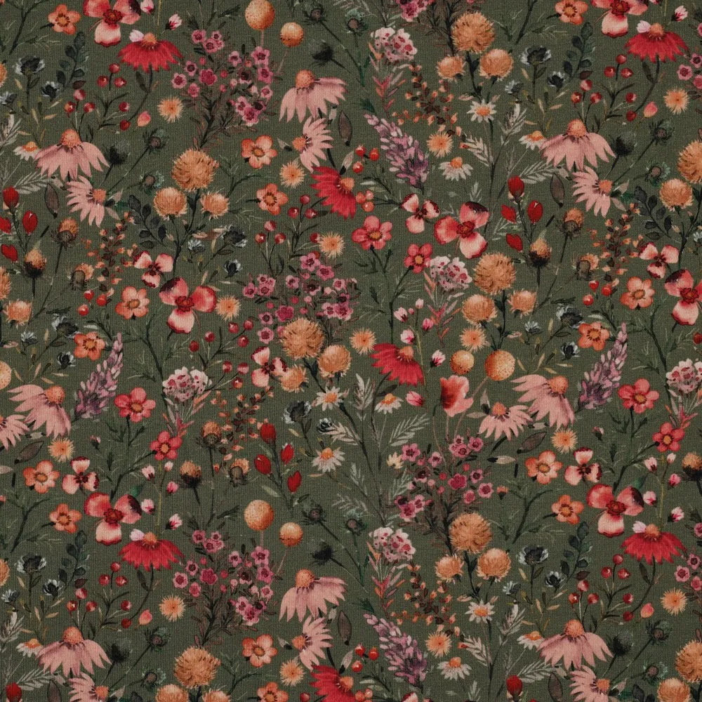 Katoen tricot groen met rooskleurige bloemen