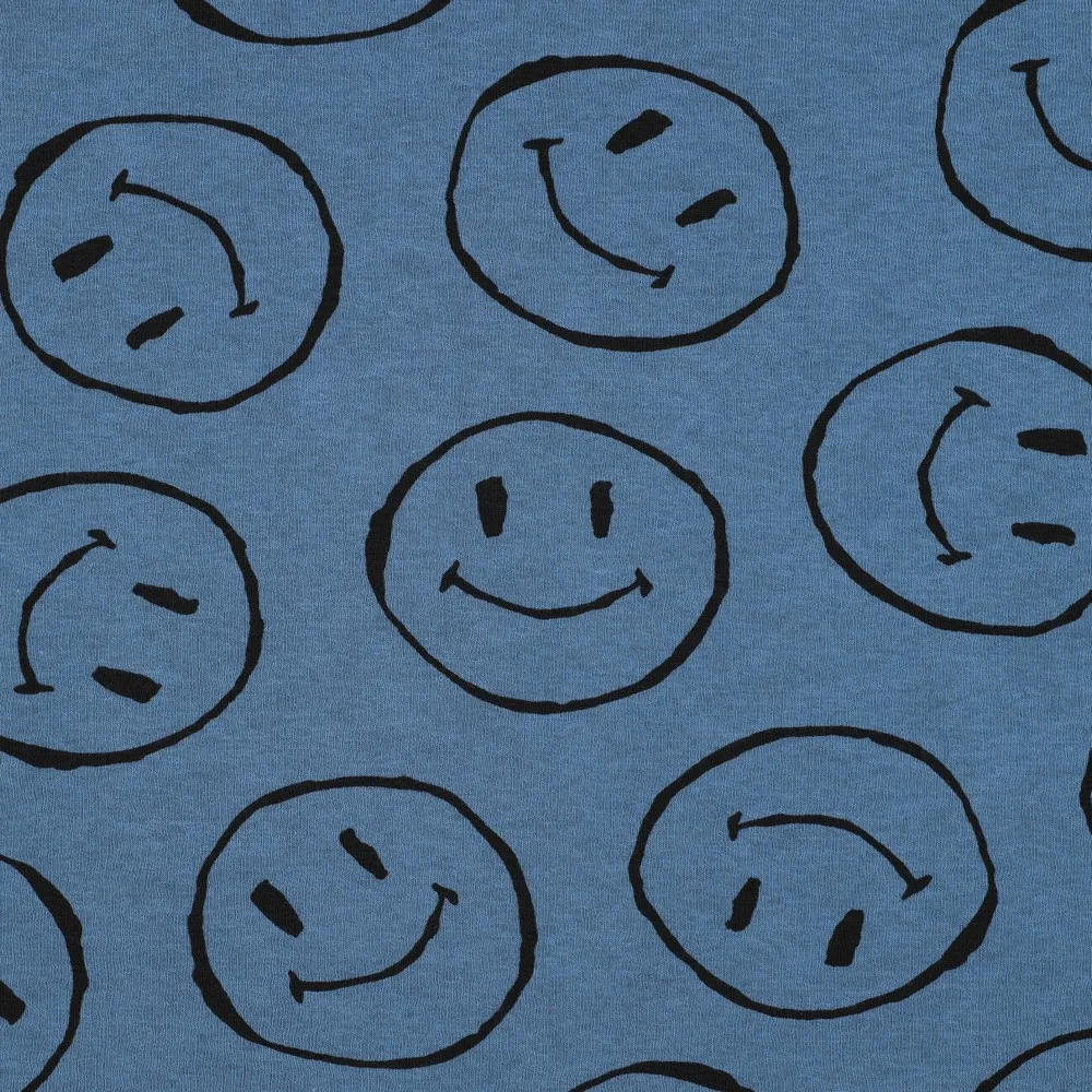 French terry blauw met pels en smileys