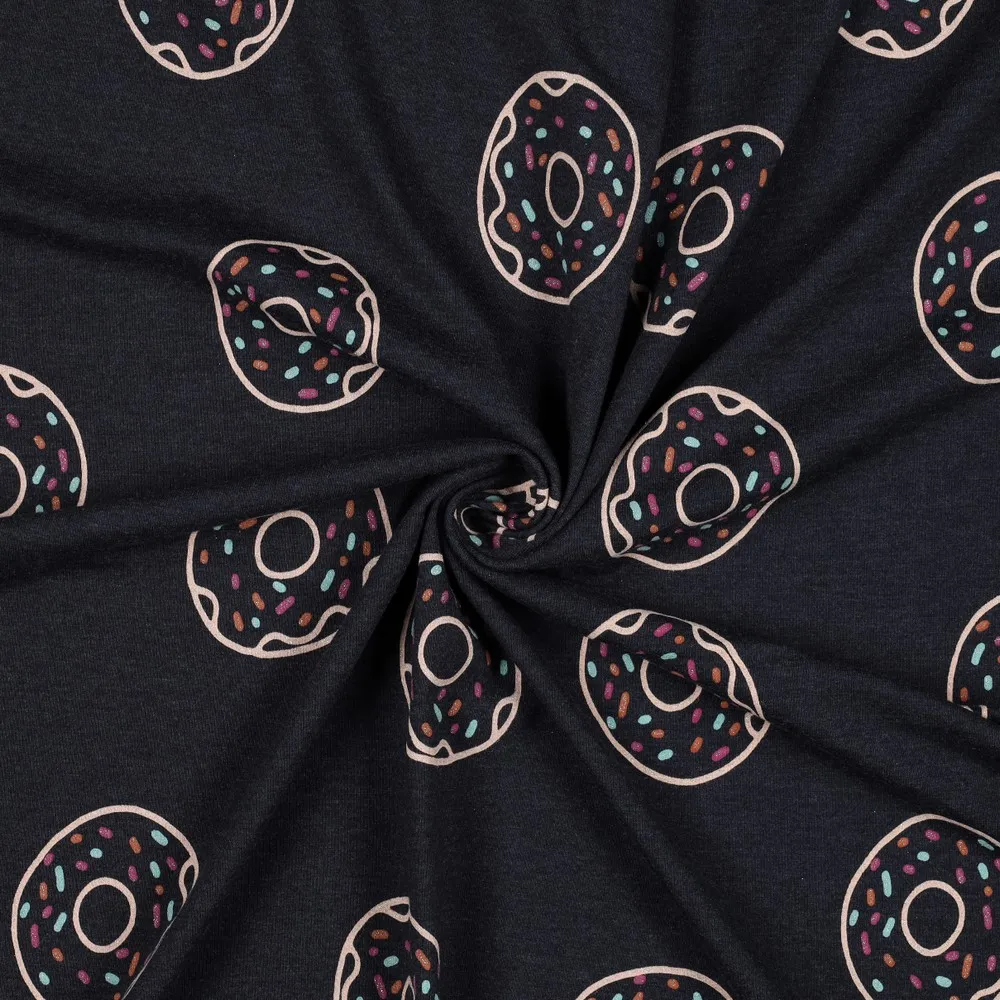Katoen tricot melange zwart met glitterdonuts