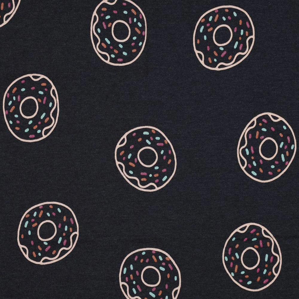 Katoen tricot melange zwart met glitterdonuts