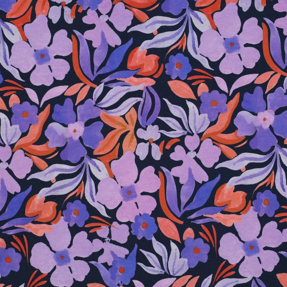 French terry zwart met paarse bloemen