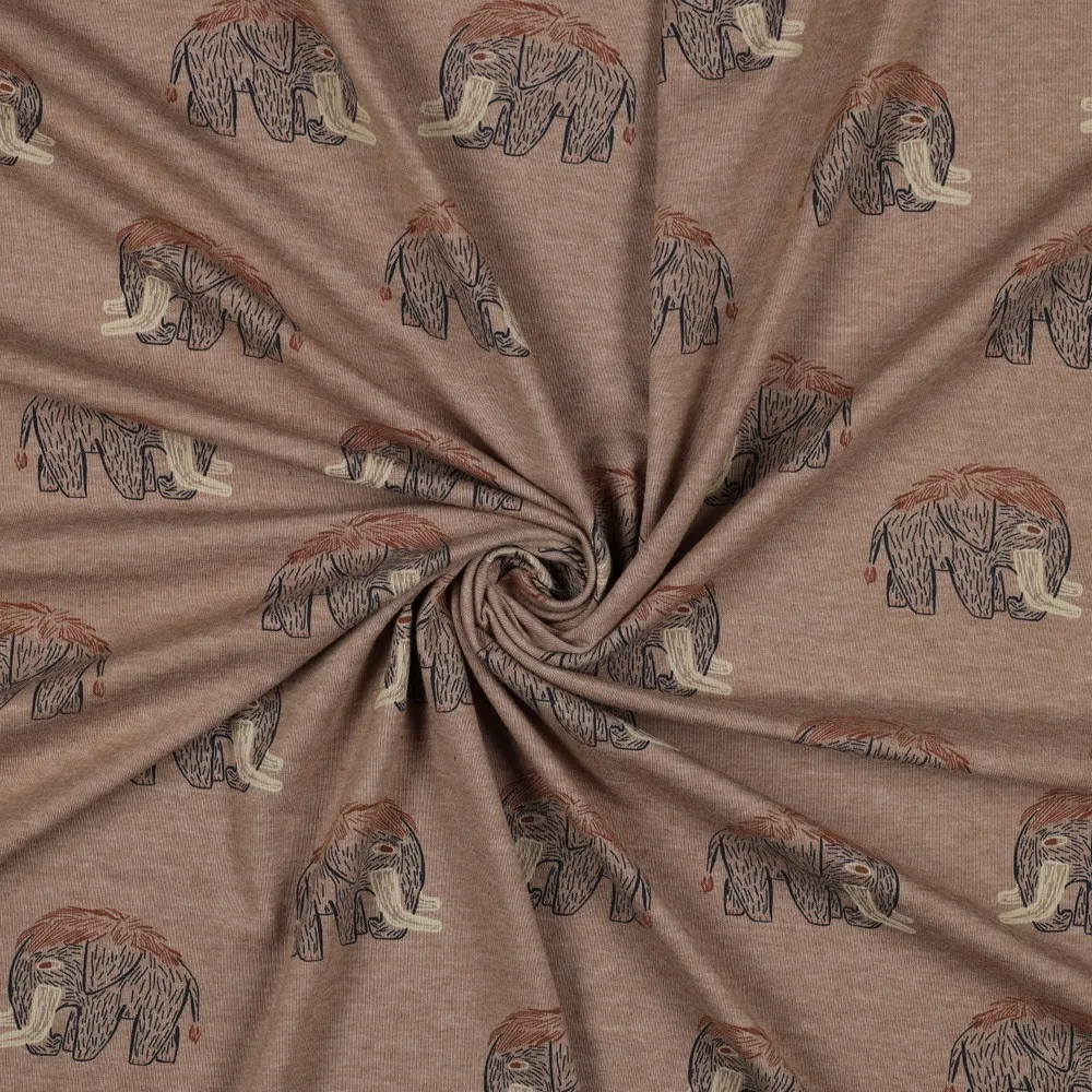 Katoen tricot bruin met mammoeten