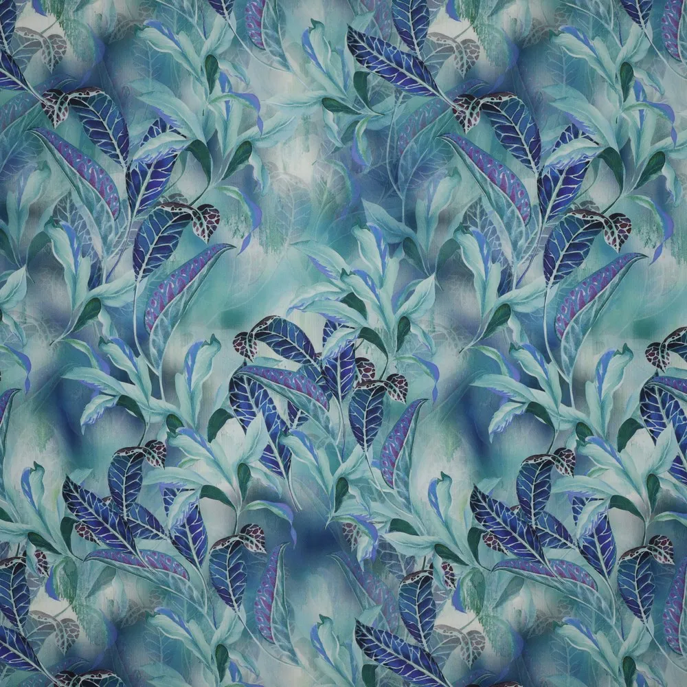 Viscose groen blauw met bladmotief