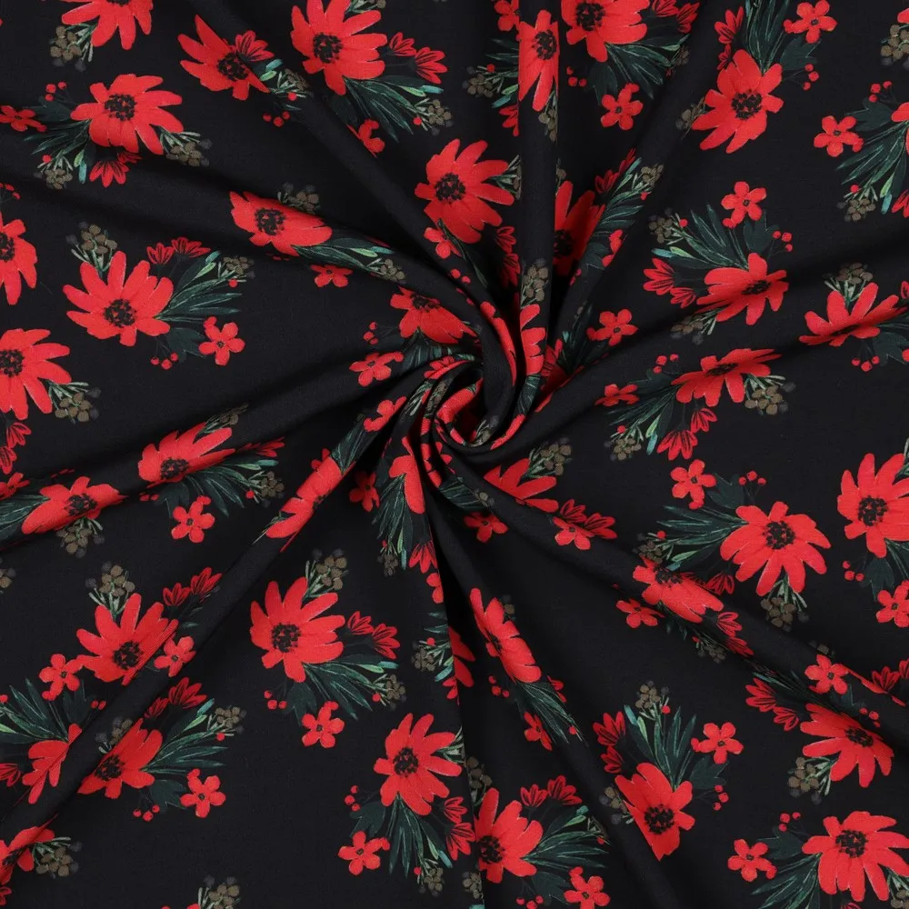 Viscose zwart met rode bloemen - Poppy