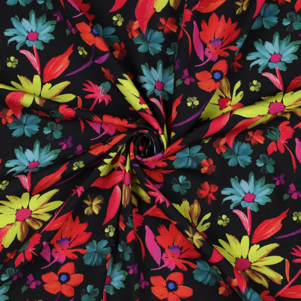 Viscose zwart met mulricolor bloemen - Poppy