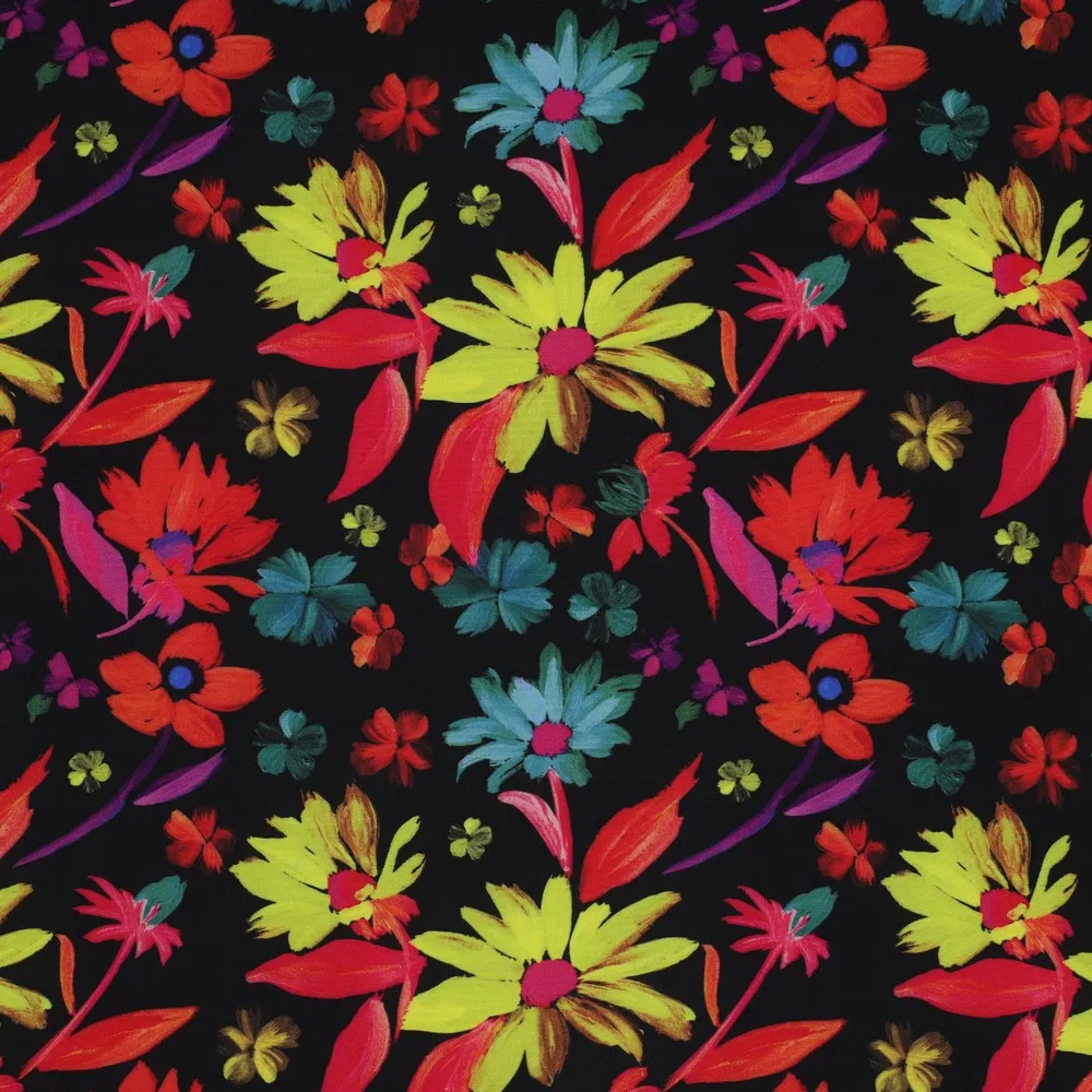 Viscose zwart met mulricolor bloemen - Poppy