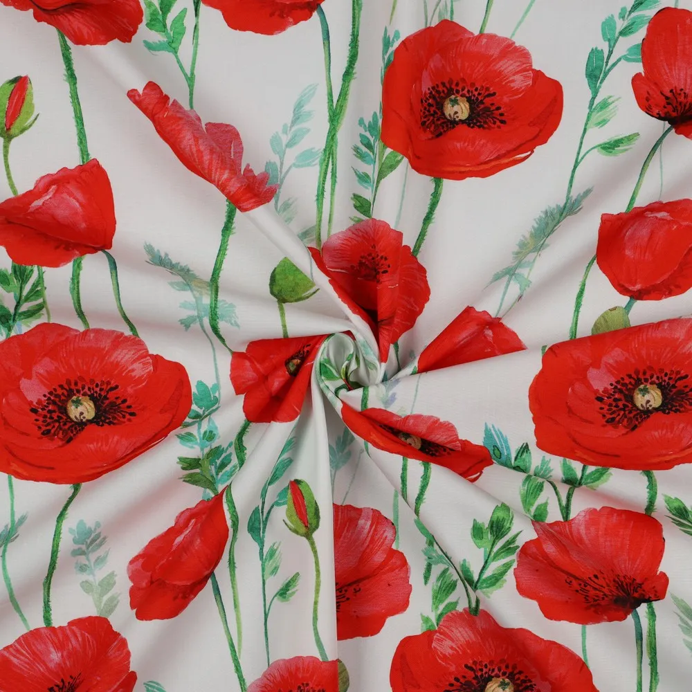 Katoen wit met rode bloemen - Poppy
