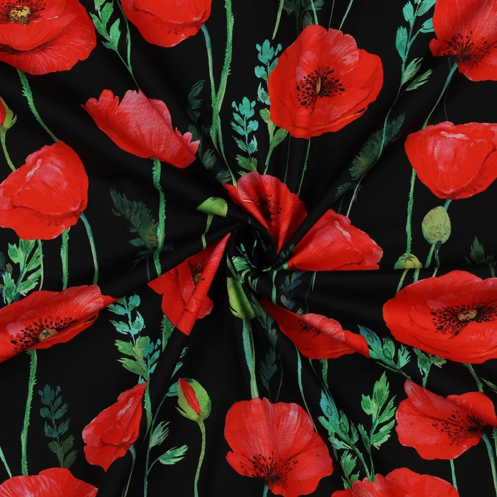 Katoen zwart met rode bloemen - Poppy