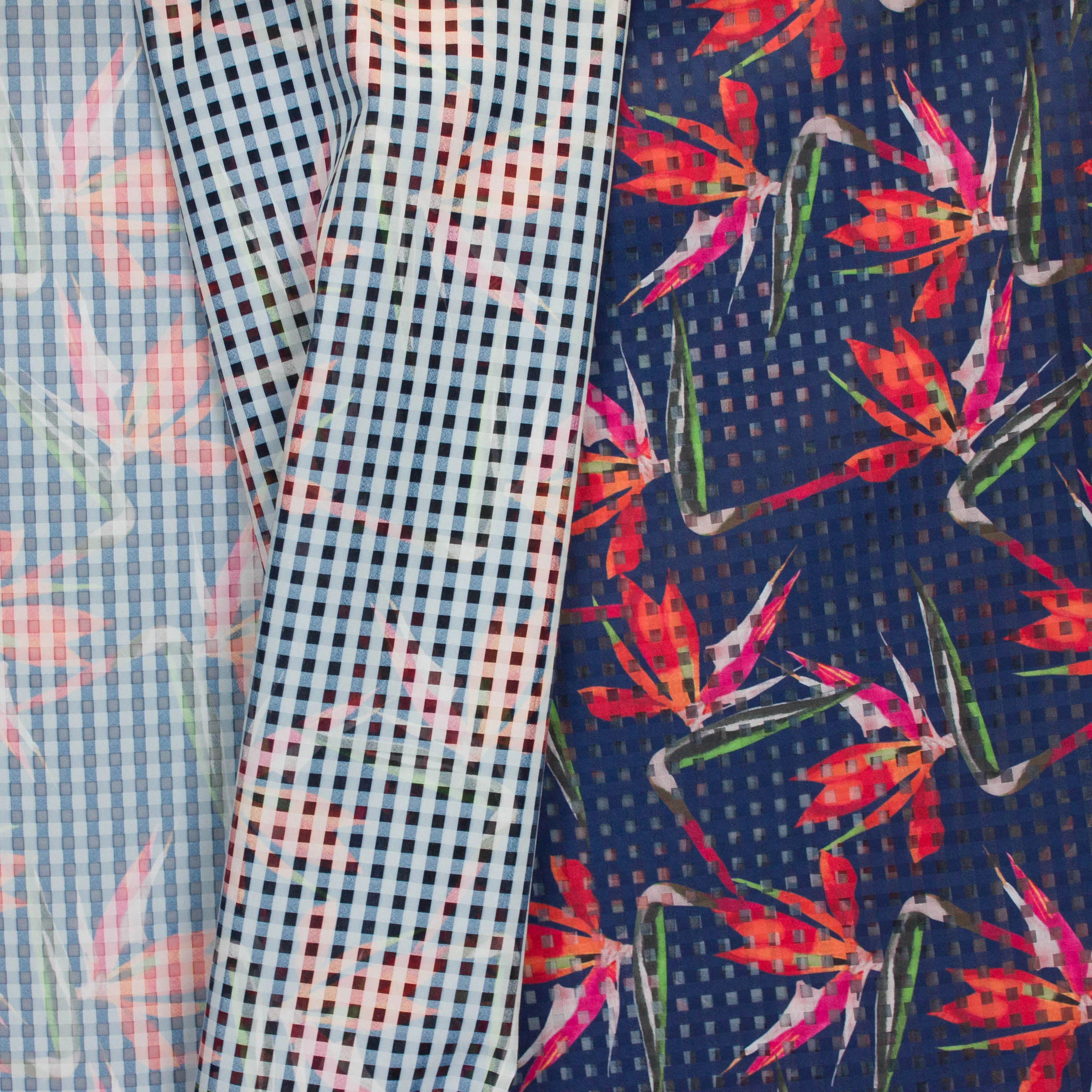 Voile geruit blauw met bloemen - Lorré