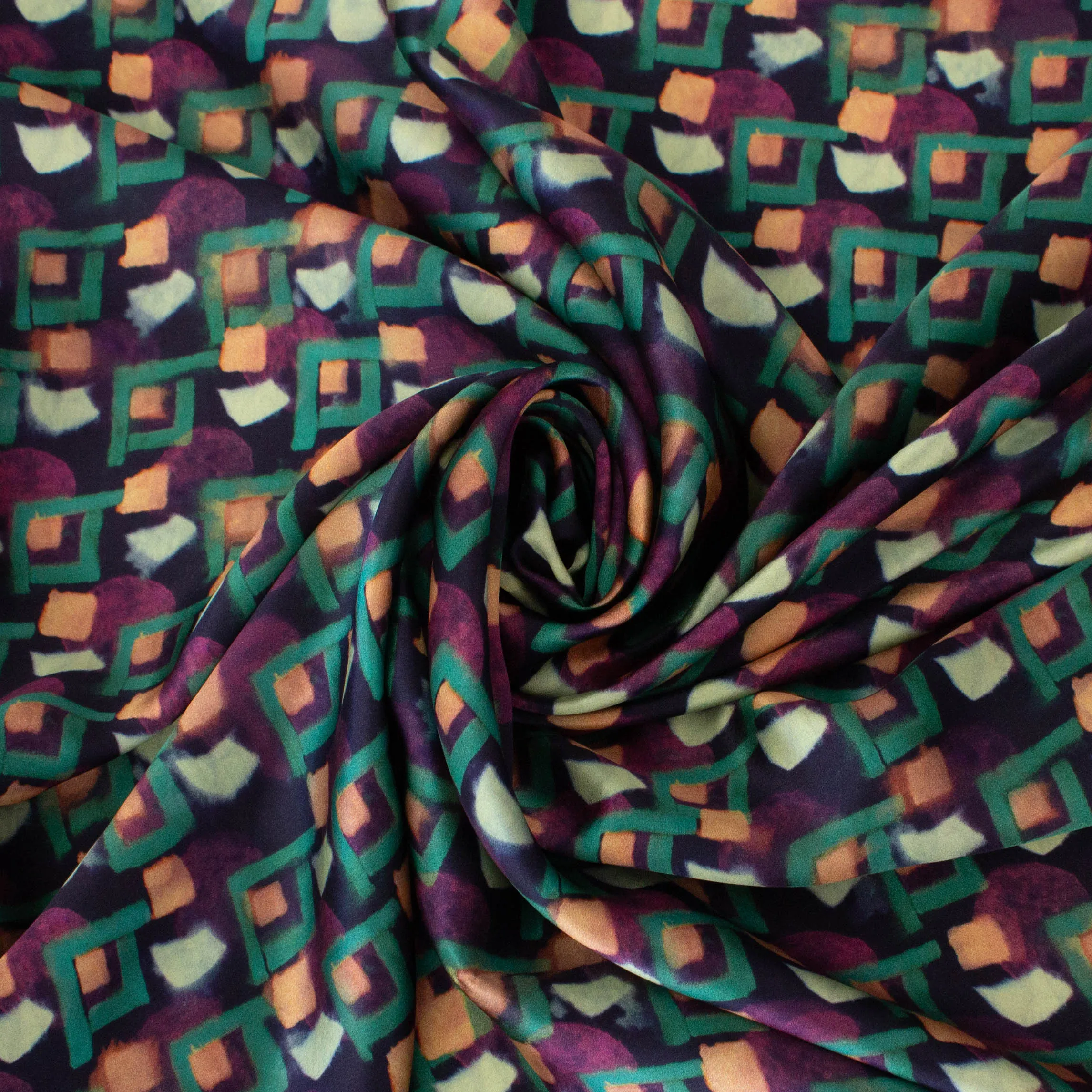 Zijde met groen/paarse abstracte print - Lorré