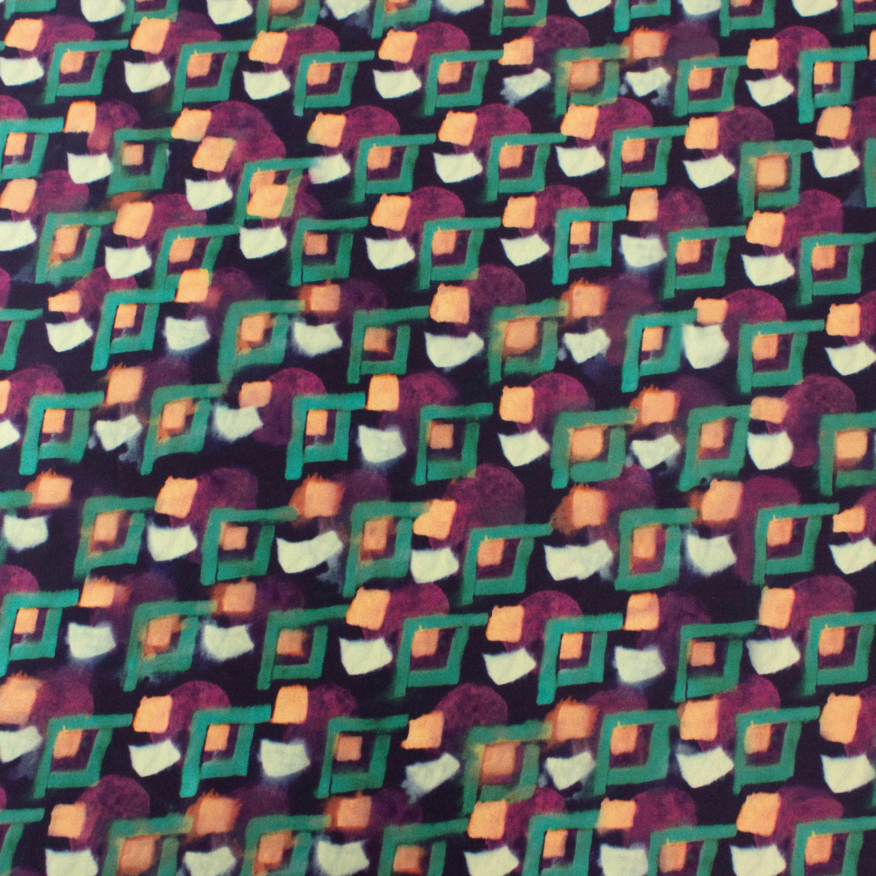 Zijde met groen/paarse abstracte print - Lorré