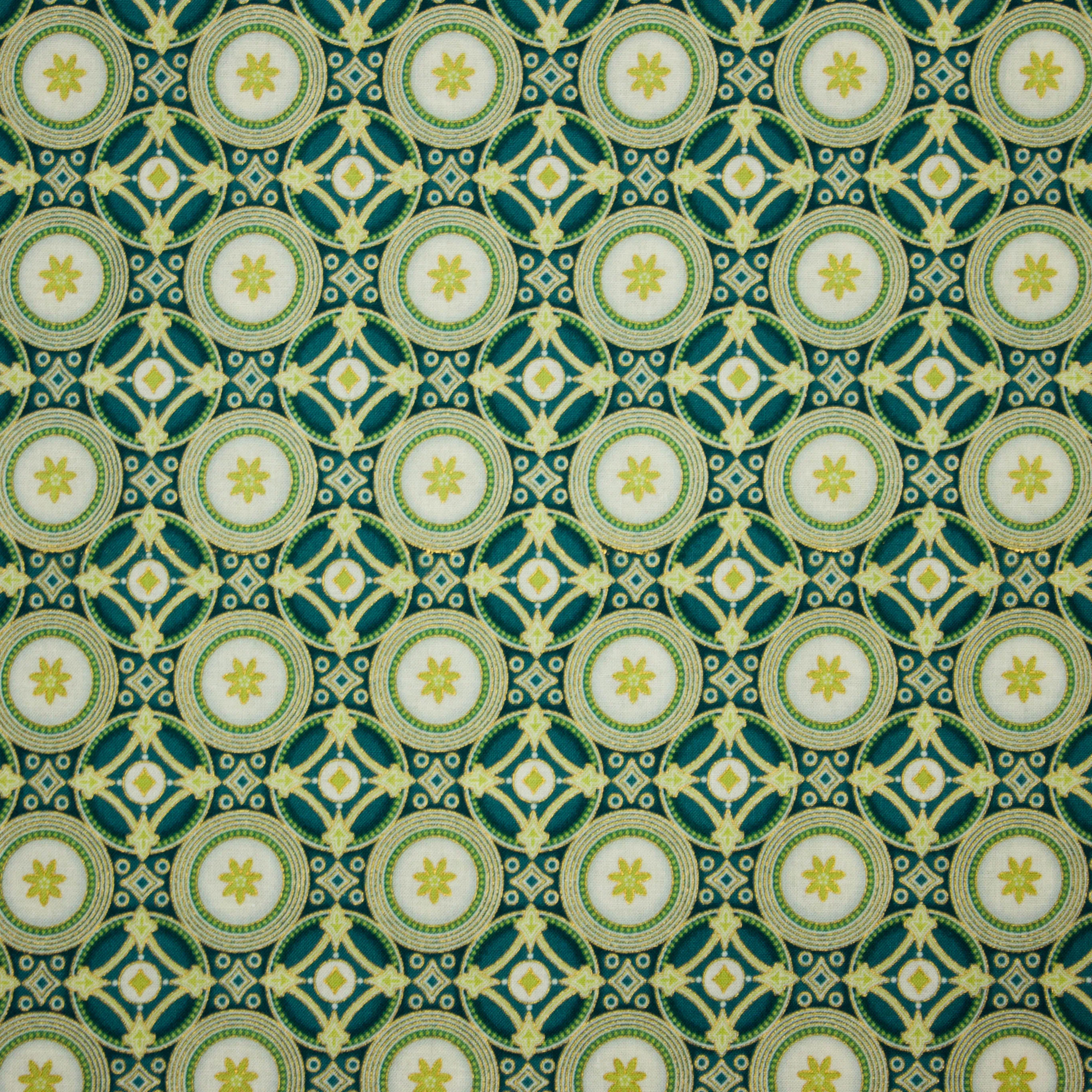 Katoen blauw met groen abstract motief