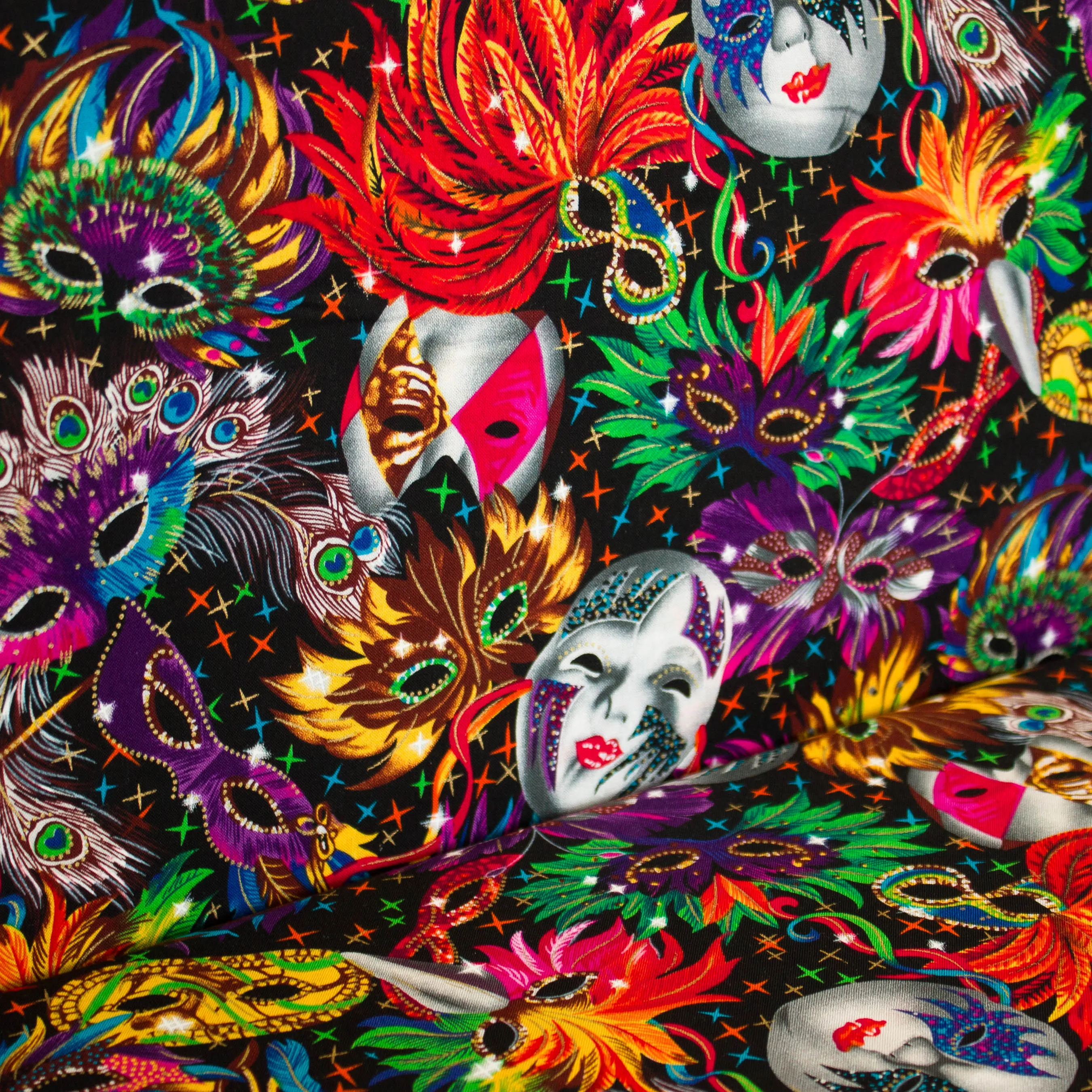 Katoen zwart met kleurrijke carnaval maskers