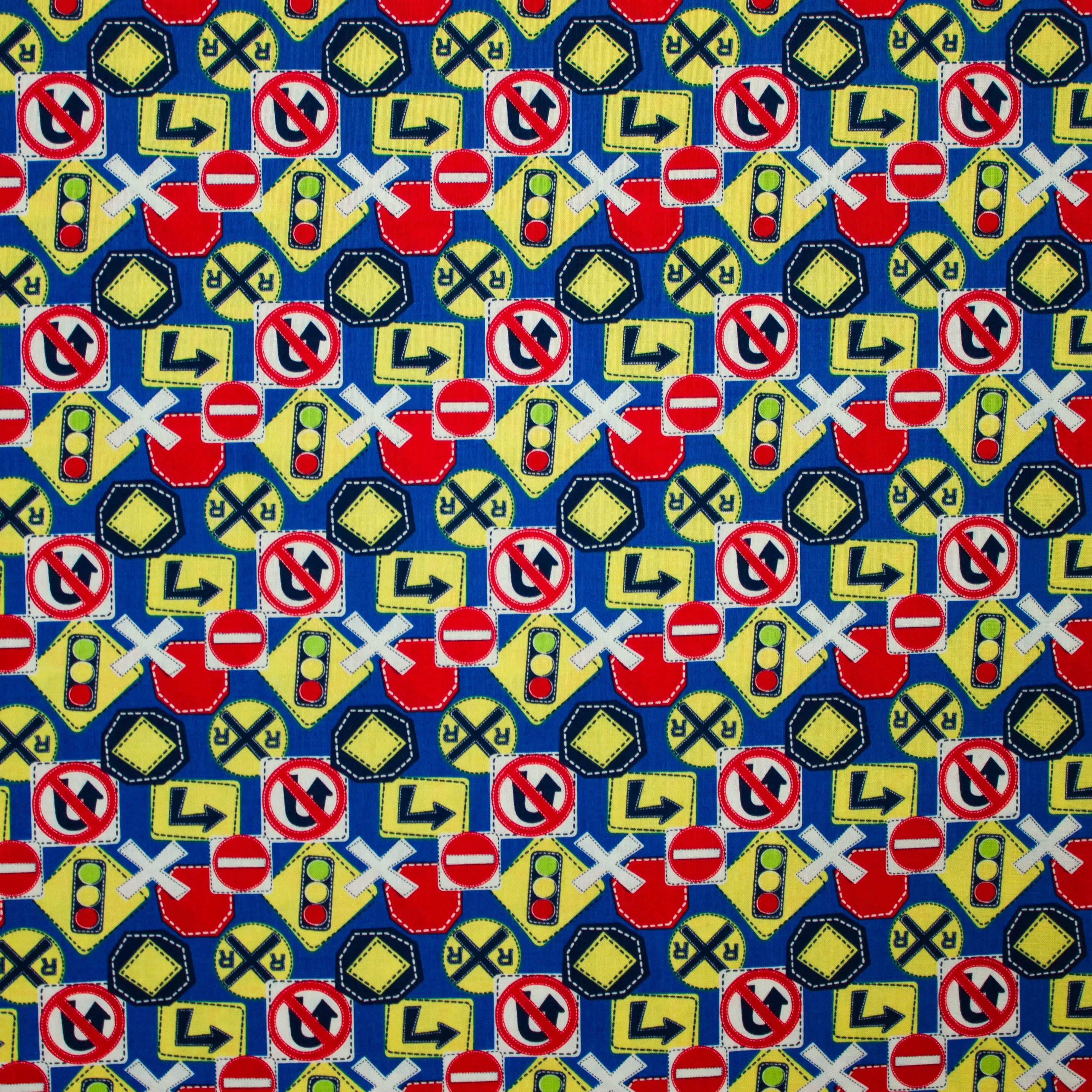 Katoen blauw met verkeersborden