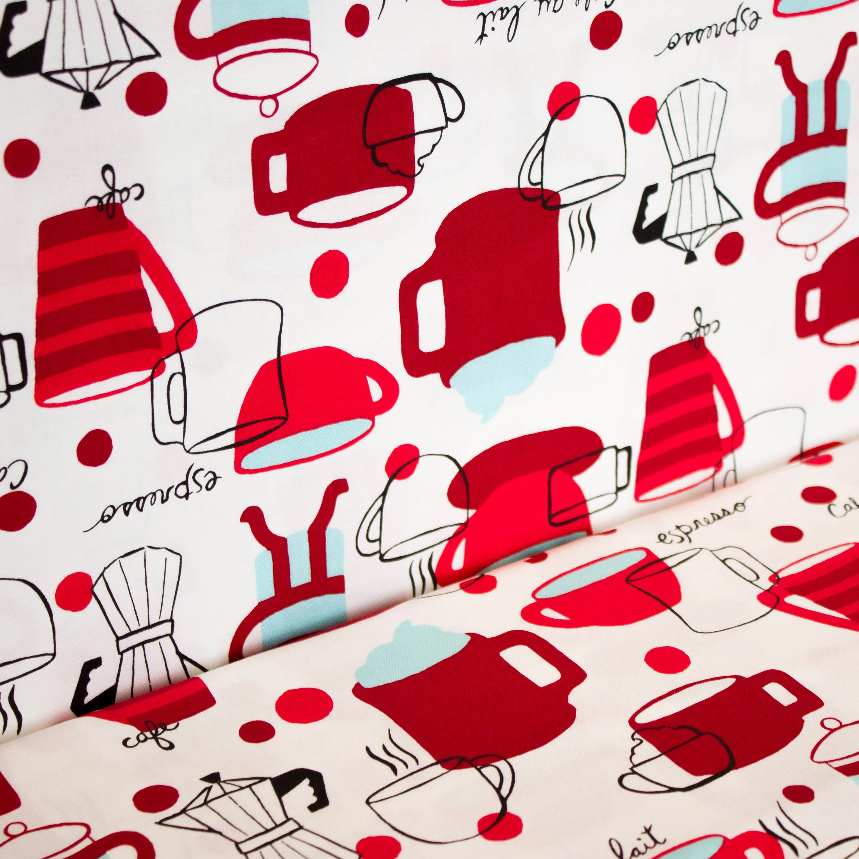 Katoen wit met rode koffie set print 'Metro Cafe'
