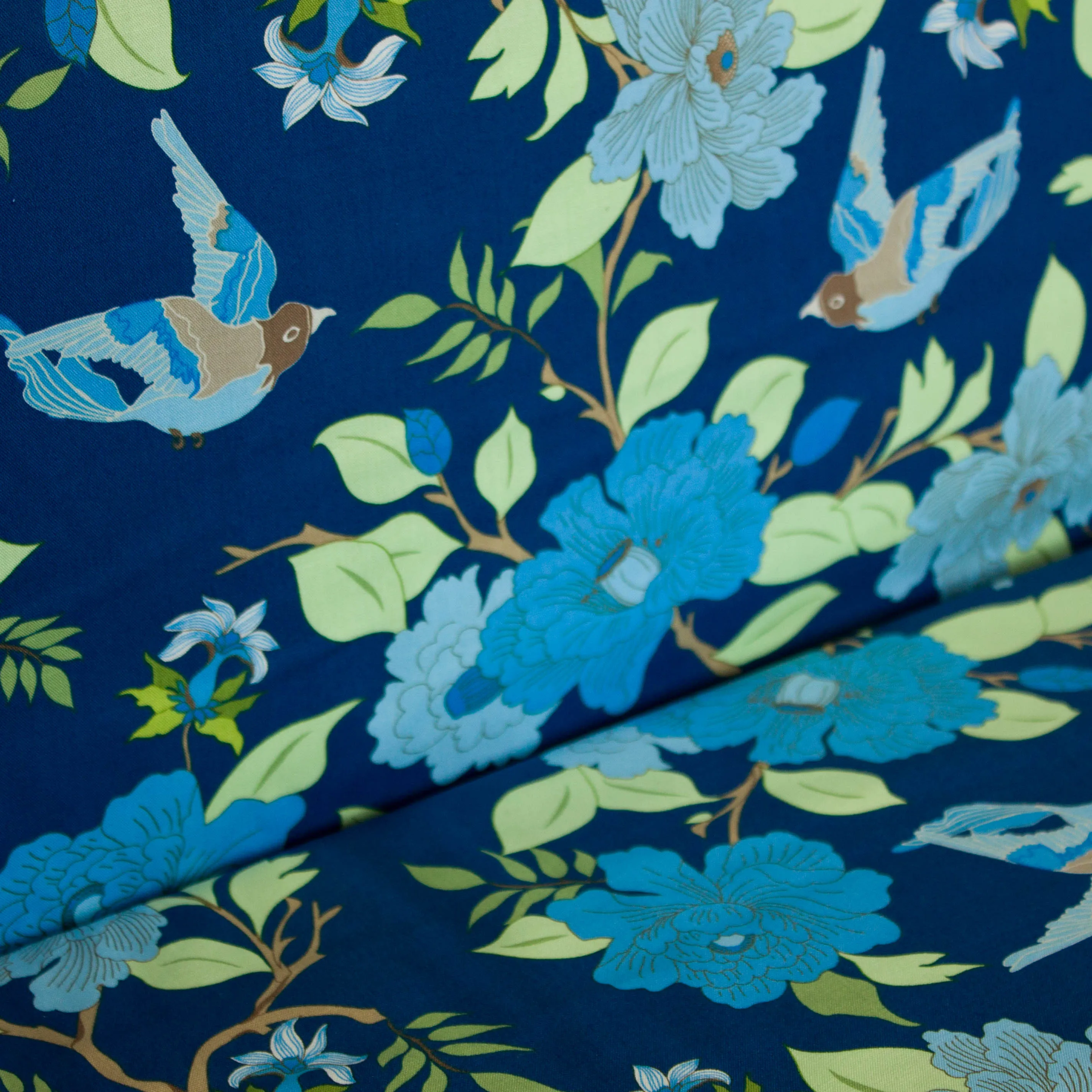 Katoen blauw met bloemen en vogels