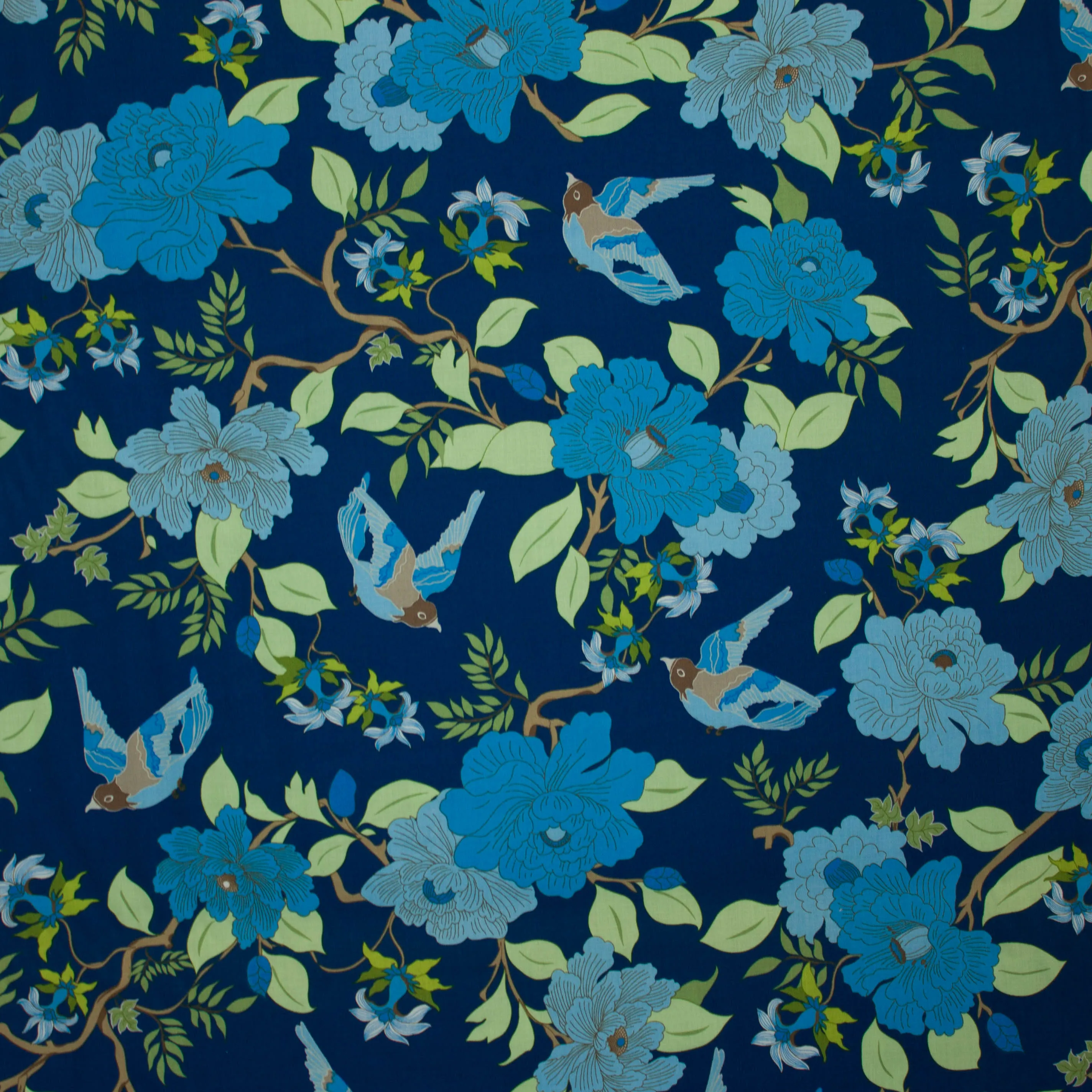 Katoen blauw met bloemen en vogels
